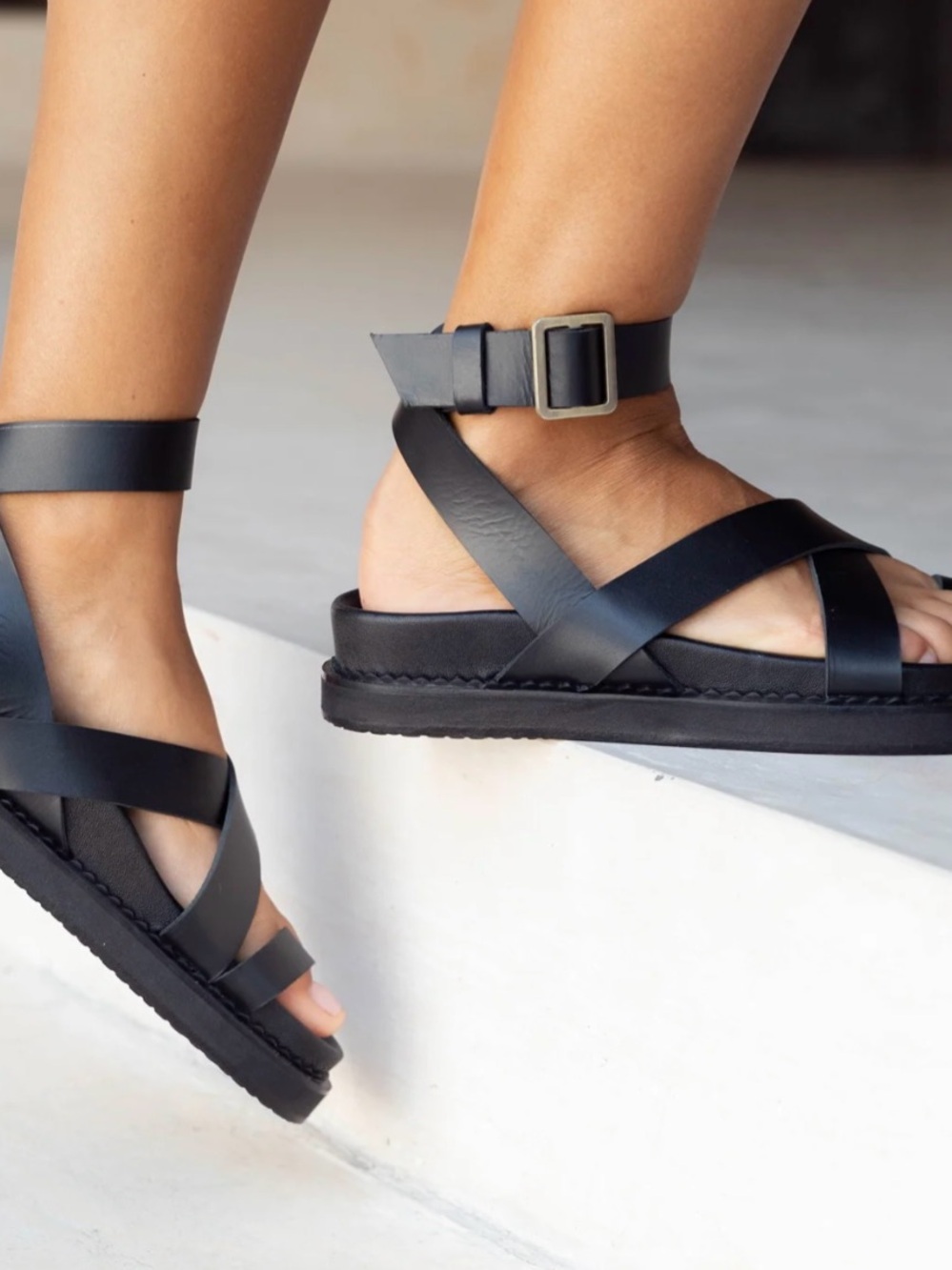 Women's Black Ankle-Strap Leather Sandals